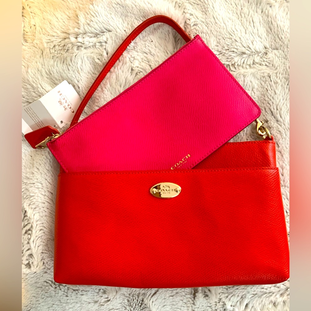 COACH NWT CROSSGRAIN LEATHER POP POUCH CARDINAL/PINK RUBY MUST HV ACCESSORY
